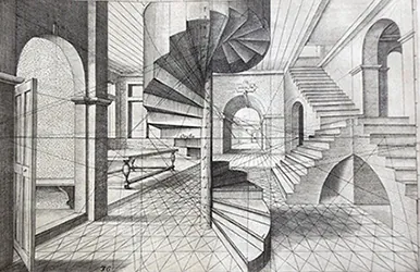 The painting is built from Vredeman de Vries’ 1604 treatise on linear perspective
