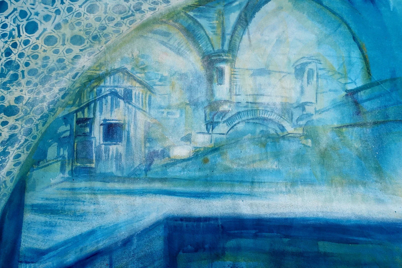 Detail of a blue painting: tiled arches opening into a vaulted room.