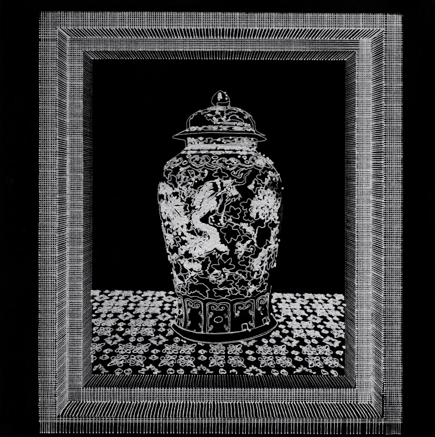 A plotted drawing of a Qing vase on a tiled floor, inside an illusionary frame.