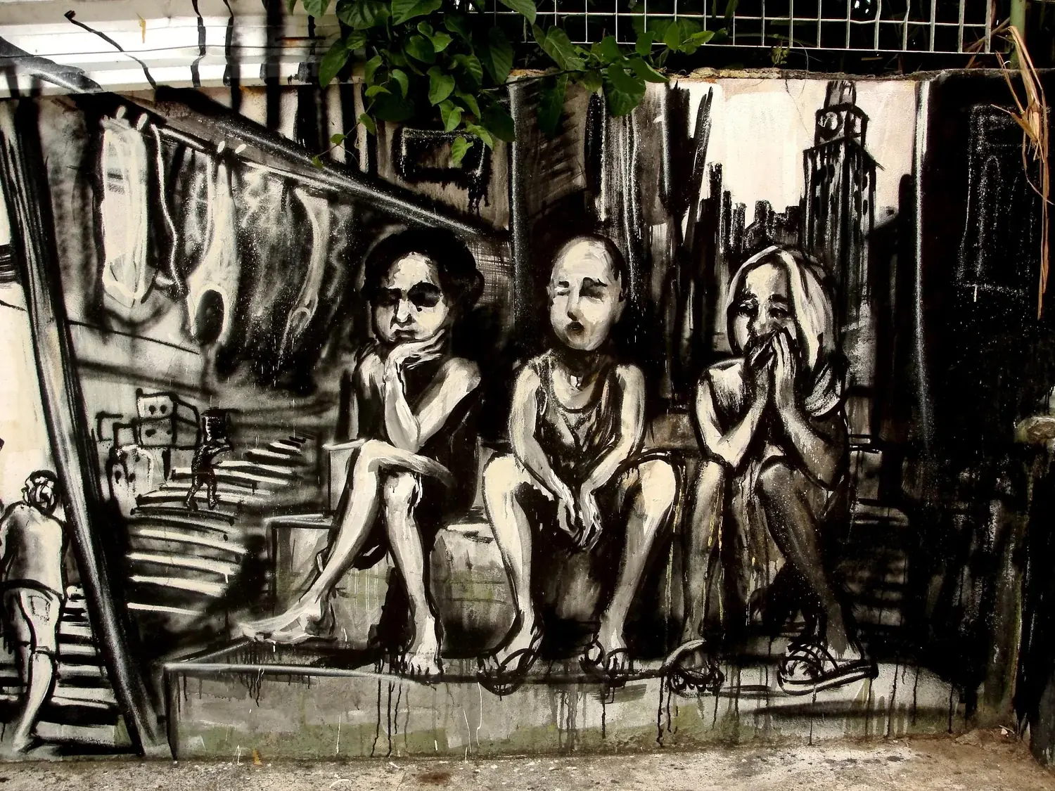 Three children on the steps. Mural in front of Casa Amarela, Morro da Providência, for Desarquitetura, 2013