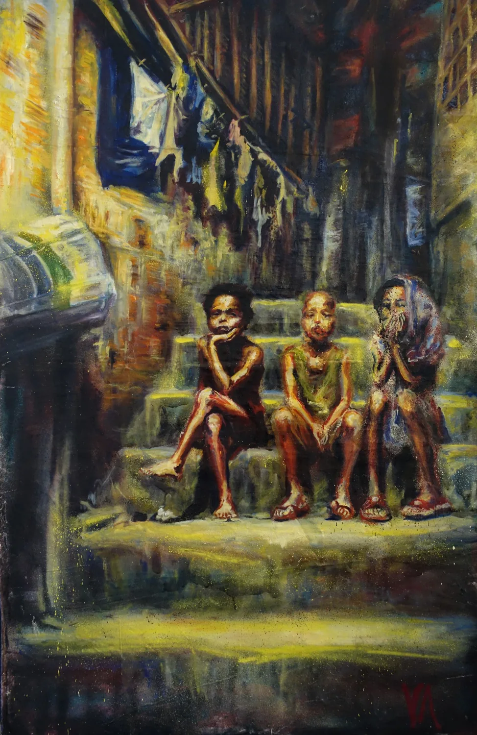 Three on the steps. Oil on canvas