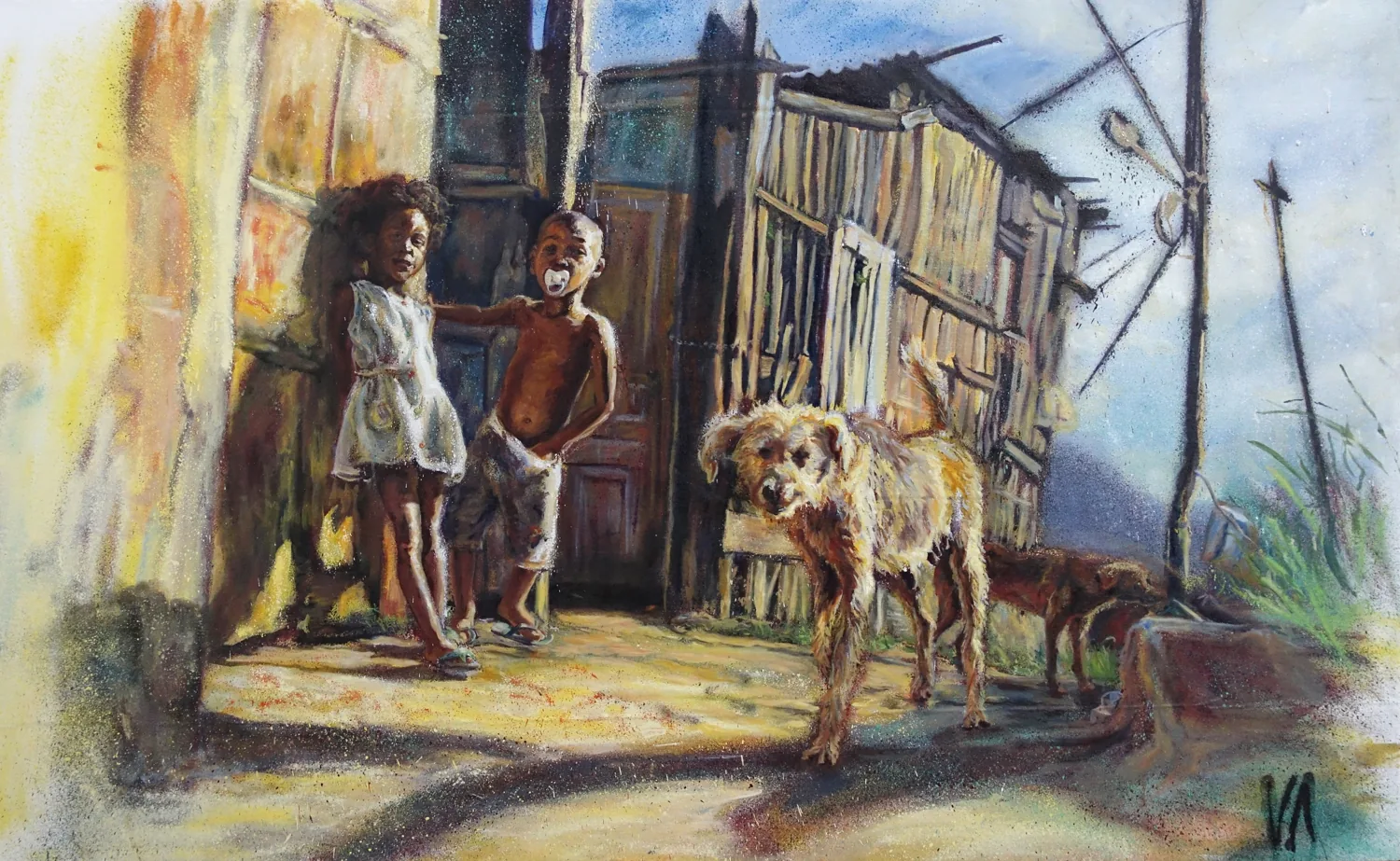 The street, with dogs. Oil and spray