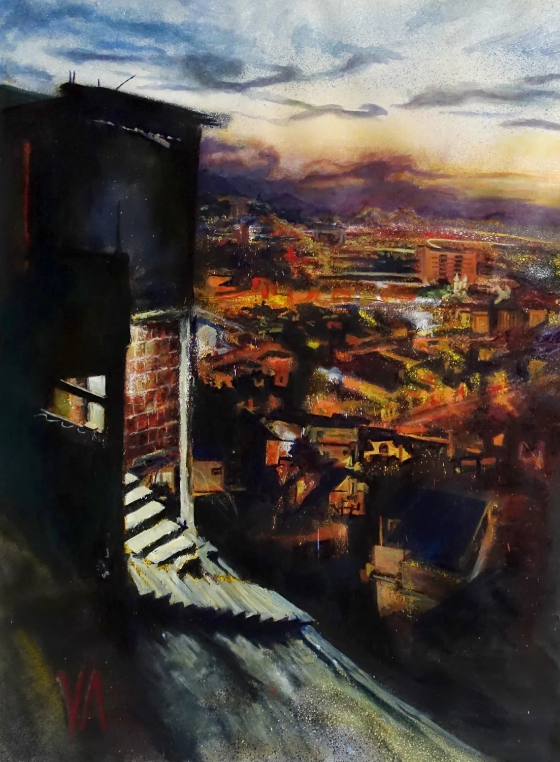 Oil painting of a water tank on the hillside at Morro da Providência, against Rio at dusk.