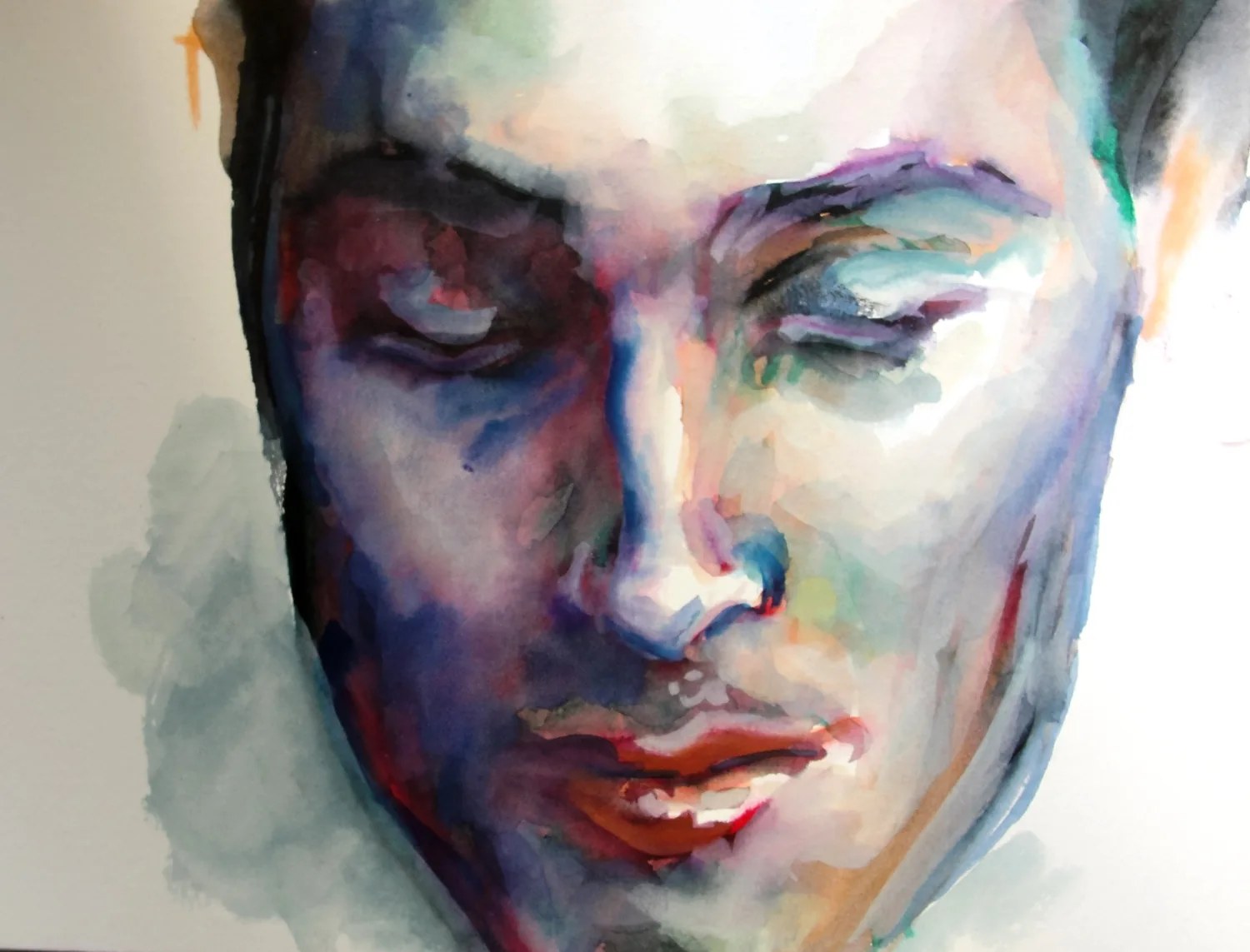 A watercolour portrait, eyes closed, in blues and reds.