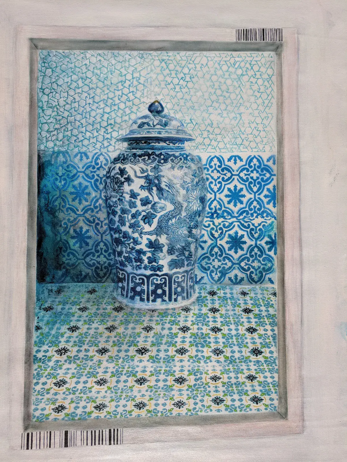 Qing porcelain, framed, oil on canvas