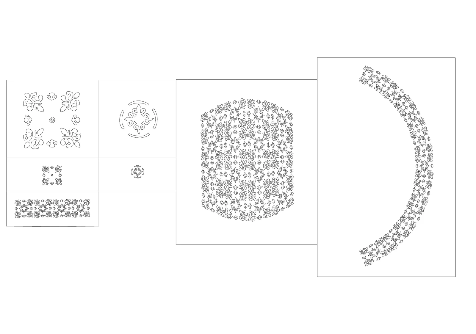 One stencil set: the tile at several scales, a curve, a vault