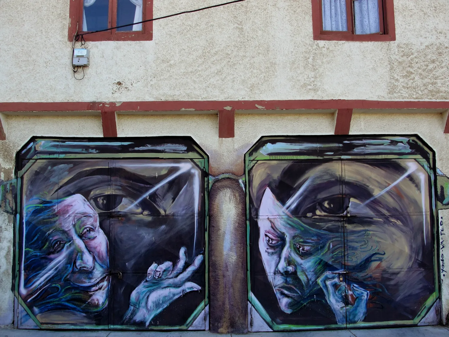 Two panels, painted on found doors.