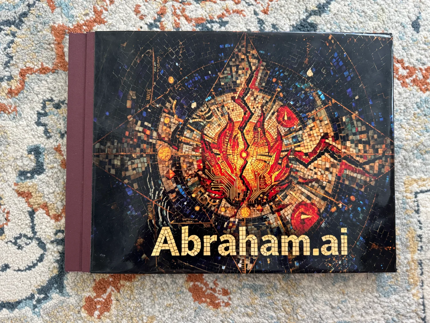 Abraham.ai: a mosaic of a flame split down the middle, circuitry running through it.