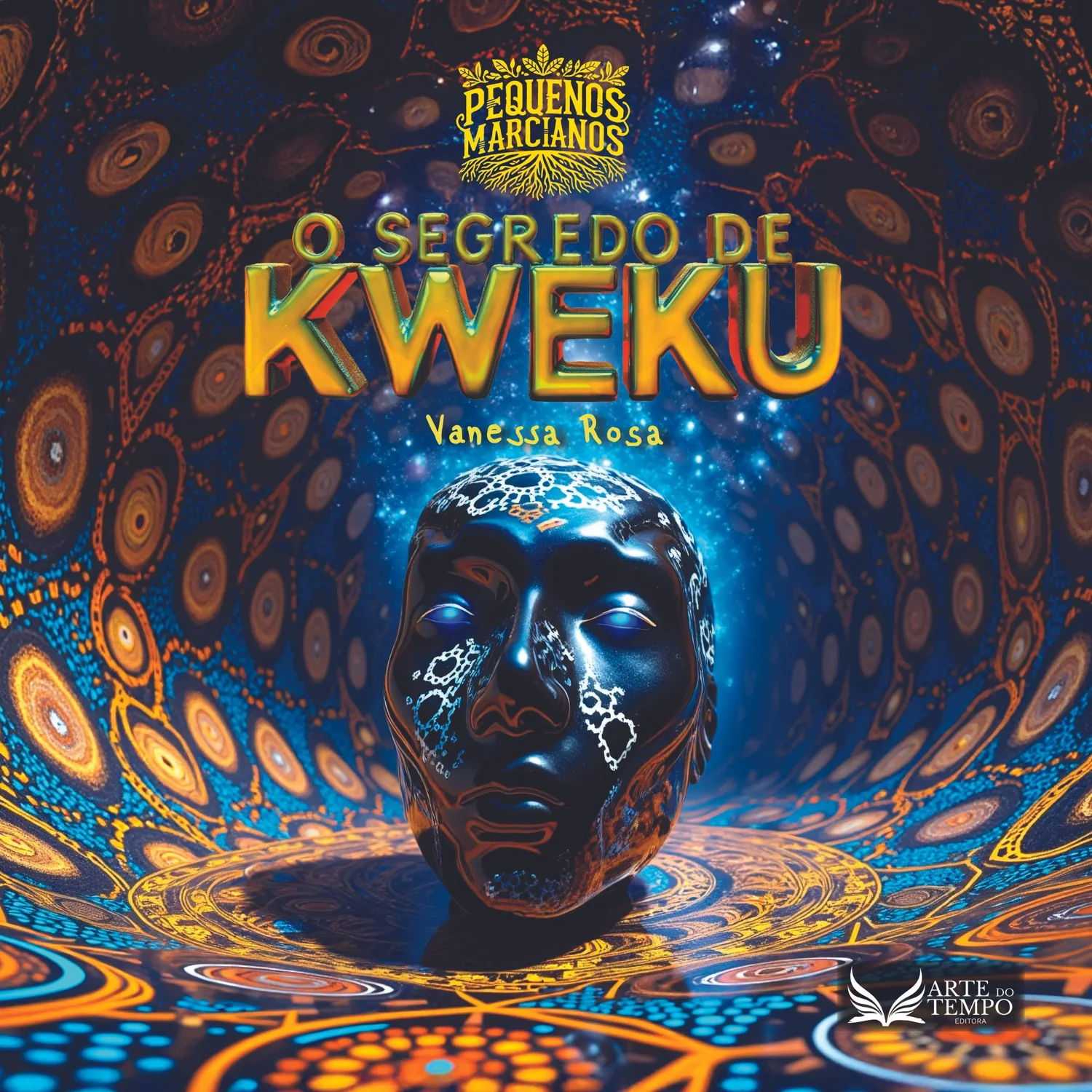 O Segredo de Kweku: a black glazed head patterned in white, in a tunnel of colour.
