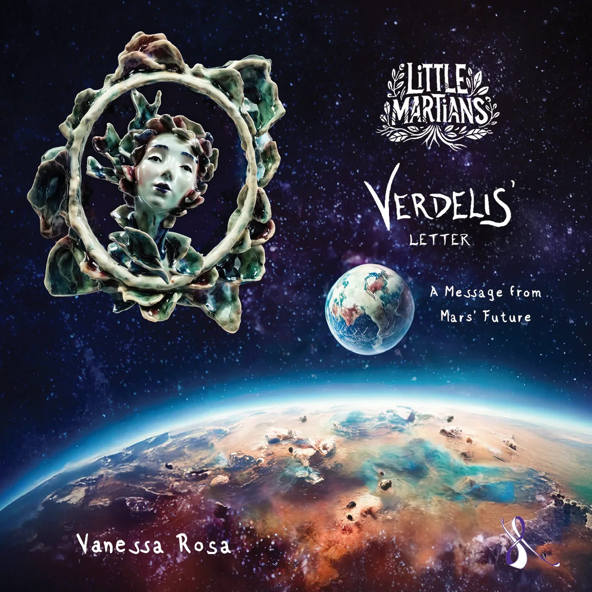 Verdelis’ Letter: a glazed ceramic face in a wreath, over Mars from orbit.