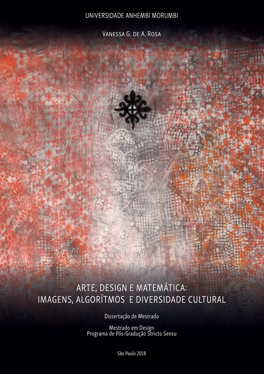 The dissertation cover: layered stencilled patterns in red and grey with a black Adinkra symbol at the centre.