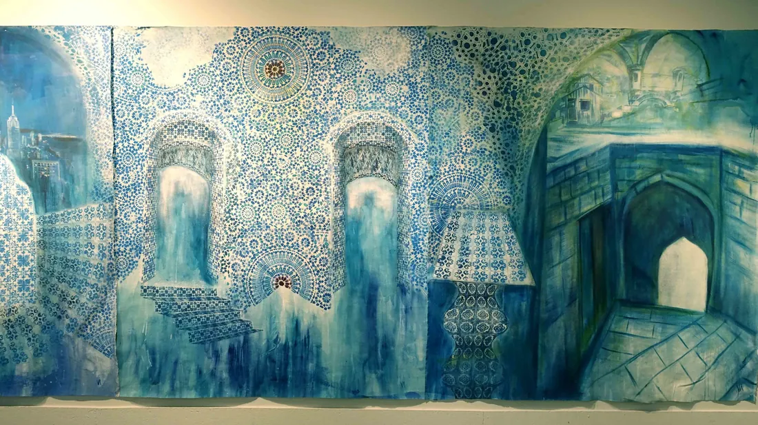 Blue and white tile patterns forced through a one-point perspective.