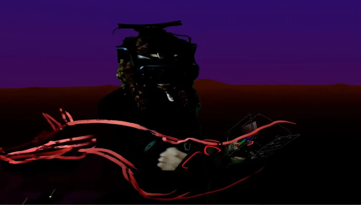 Vanessa Rosa in a VR headset, drawing red strokes in the air against a violet sky.