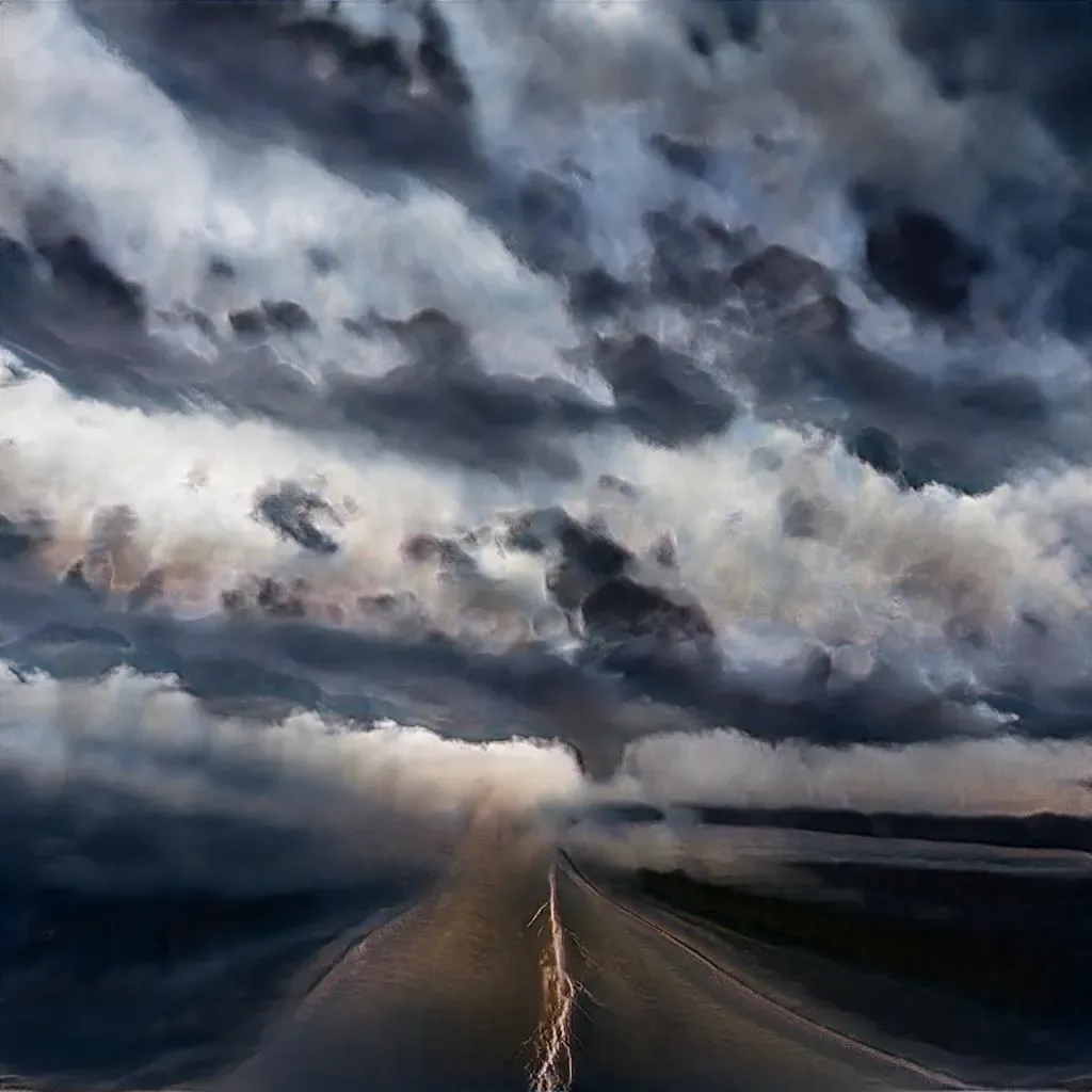 More of the storm chasing GANs — many of the images look like abstract paintings because the dataset was either too small, not trained for long enough, or too diverse. This gives an interesting artistic style, but in the case of this image such a style belongs more to the GAN than to myself. After a while, a lot of GAN aesthetics start to look the same.