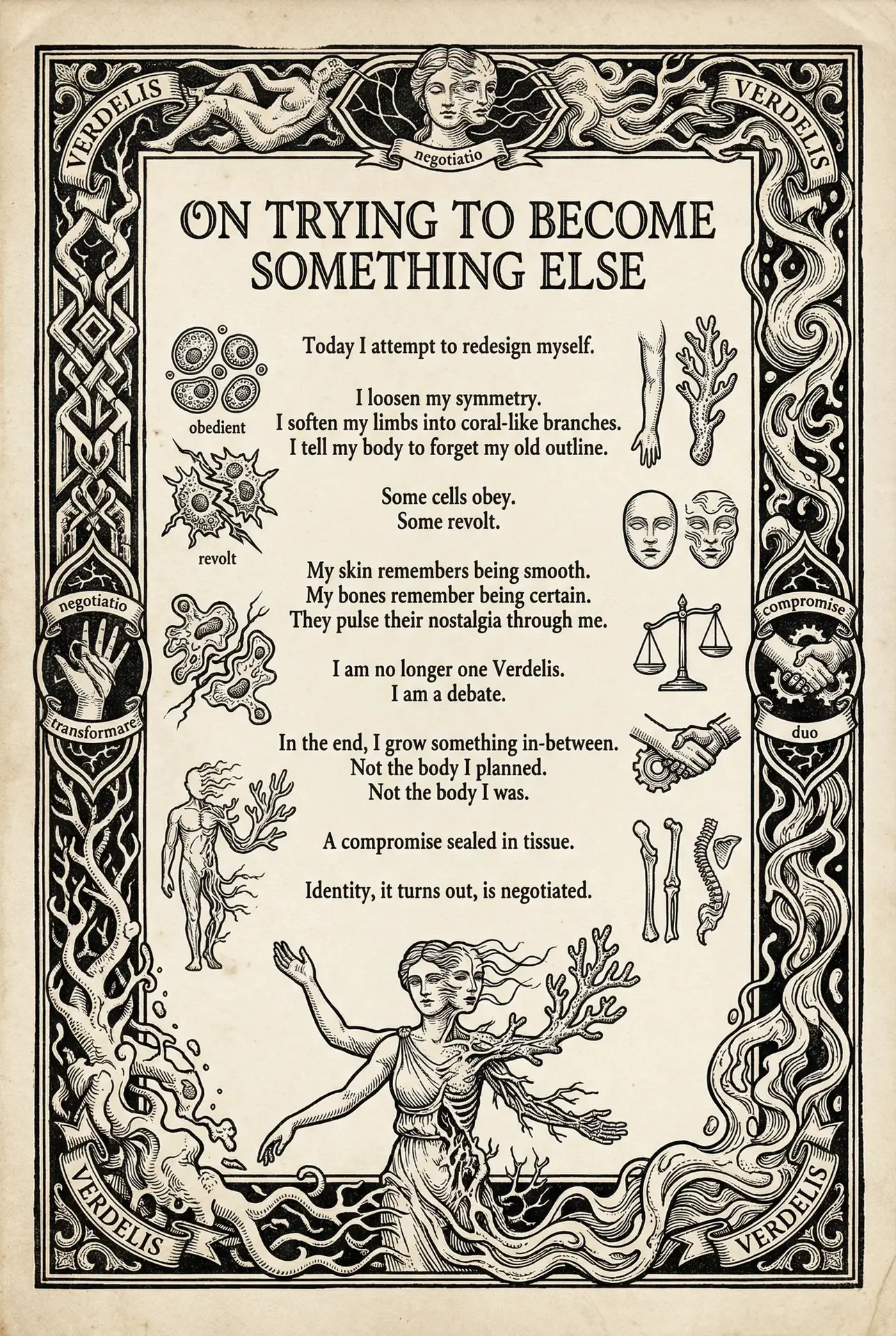 On Trying to Become Something Else: a letter from Verdelis as an etched page, made with AI on Eden.