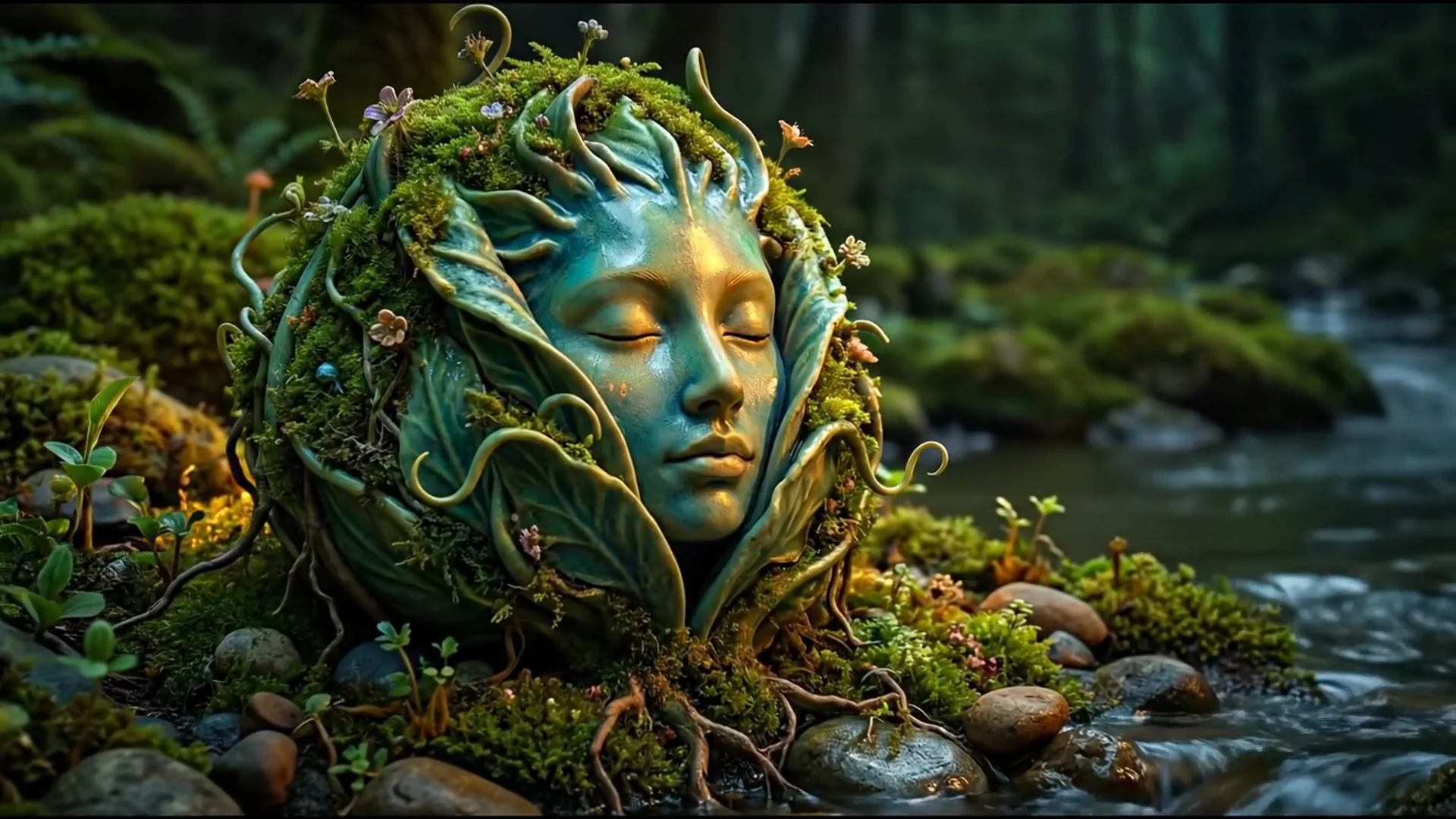 Verdelis as a mossy ceramic head beside a stream, a still from one of her films.